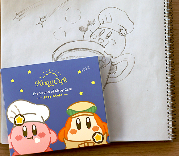 『サウンド・オブ・カービィカフェ - Jazz Style -』ジャケットと熊崎が描いたスケッチ